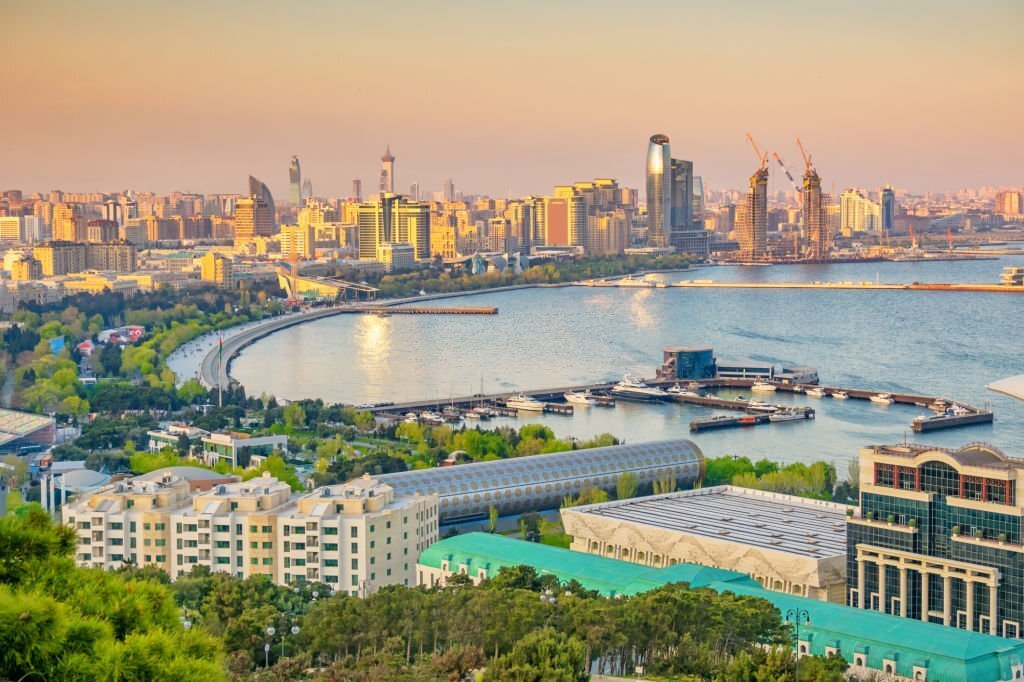 Waterfront in downtown Baku Azerbaijan during sunset.