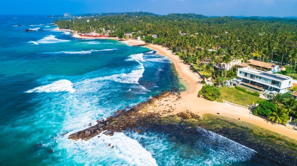 Aerial. Beach view in Unawatuna, Sri Lanka.