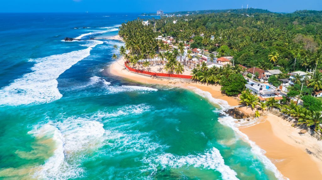 Aerial. Beach view in Unawatuna, Sri Lanka.